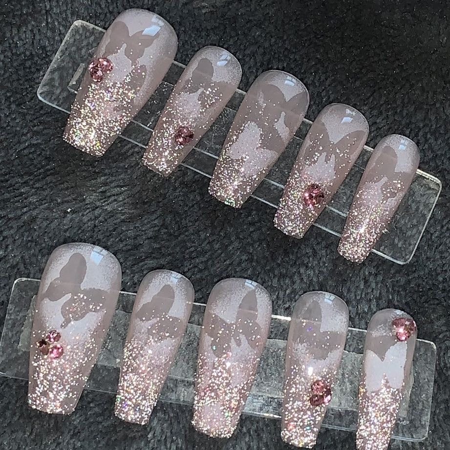 Pink glitter Spray Hollow Out Butterfly Press On Nails/ Kawaii Nails Y2K Nails Fake Nails #286