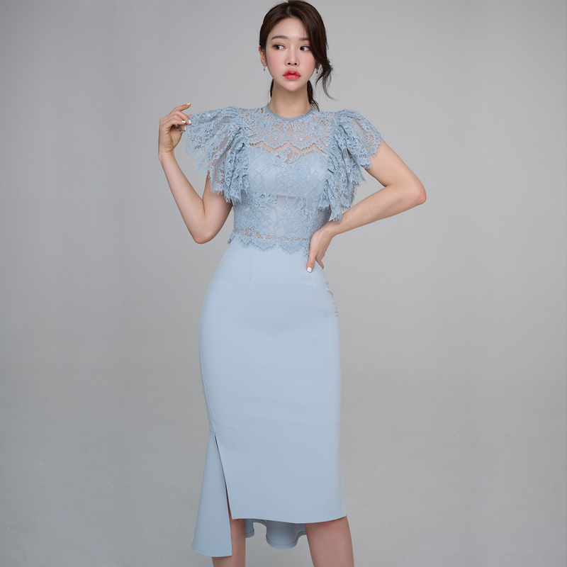 Women’s Summer Casual 2 Piece Set Solid Color Round Neck perspective Lace Top And Split Asymmetrical Skirt Office Outfits alx