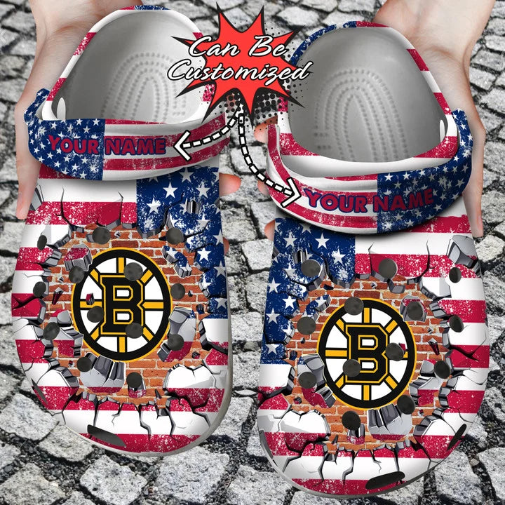 Hockey Crocss – Personalized B.Bruins American Flag Breaking Wall Clog Shoes