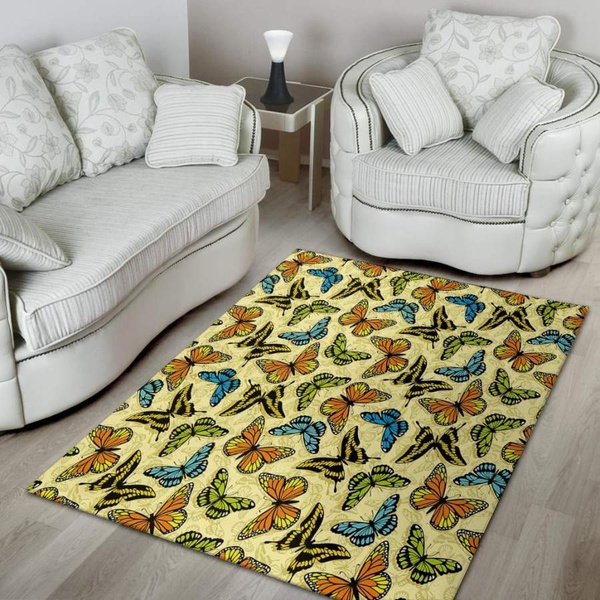 Yellow Butterfly Pattern Print Area Rug