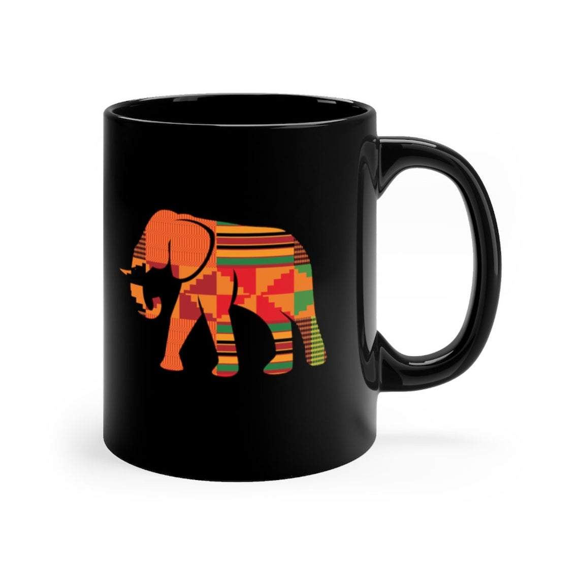 Kente Mug, African Elephant, Black Pride, Kente Pattern, African Ghana Style Black Mug Gift For Elephant Lover Double Side Printed Ceramic Coffee Mug Tea Cups Latte