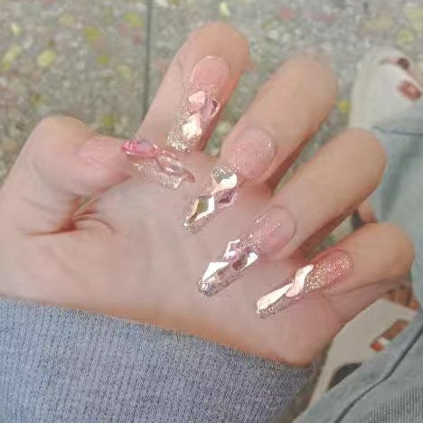 Extra Long Coffin Pink Super Glitter Press On Nails/ Pink Bling Nails/ Pink Rhinestone Nails/ Pink Nails Glitter Bling Luxury Nails #206