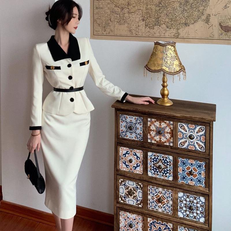 Women 2022 Spring Autumn New Suits Female OL Short Patchwork Jackets and High Waist Package Hip Skirts Ladies 2 Piece Sets H132 alx