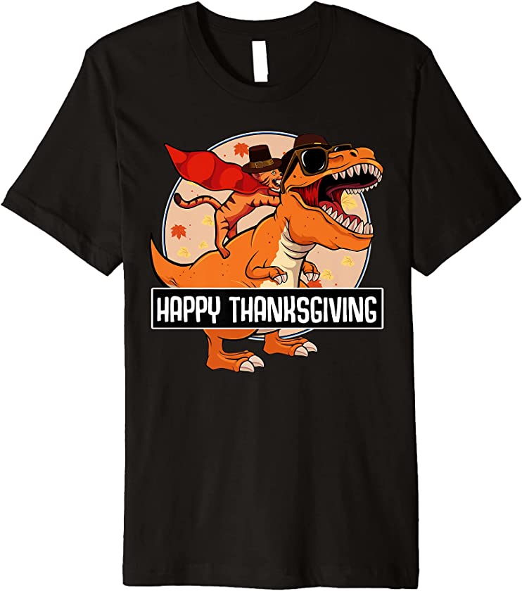 Cat Riding Dinosaur Happy Thanksgiving Day Cute T-rex Kitten Premium T-Shirt