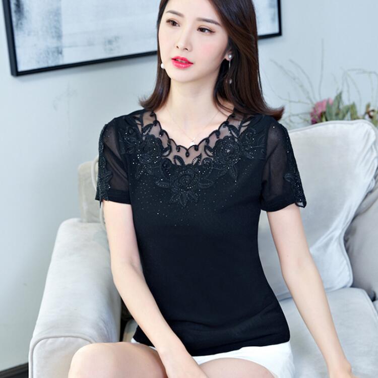 Women’s T-shirt New 2022 Fashion Casual Short Sleeve Summer Tops Elegant Slim Hollow Out Lace Shirt M-4XL Elasticity Blusas alx