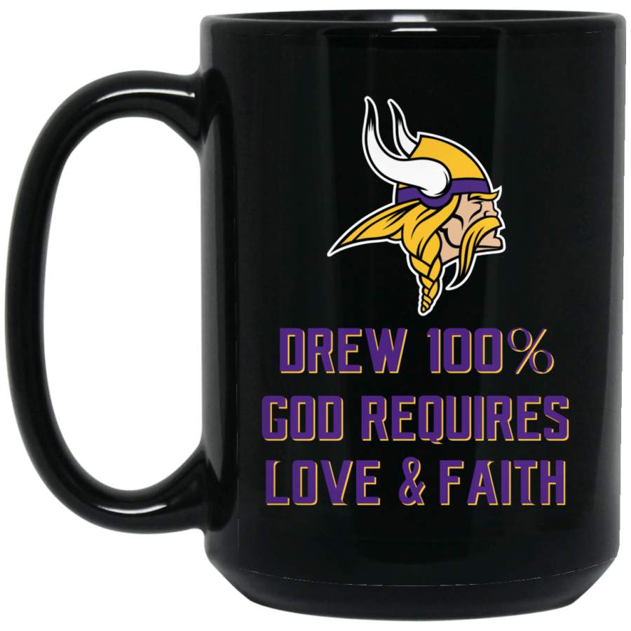 Minnesota Vikings Logo Purple-Yellow Drew God Requires Love and Faith BM15OZ 15 oz. Black Mug