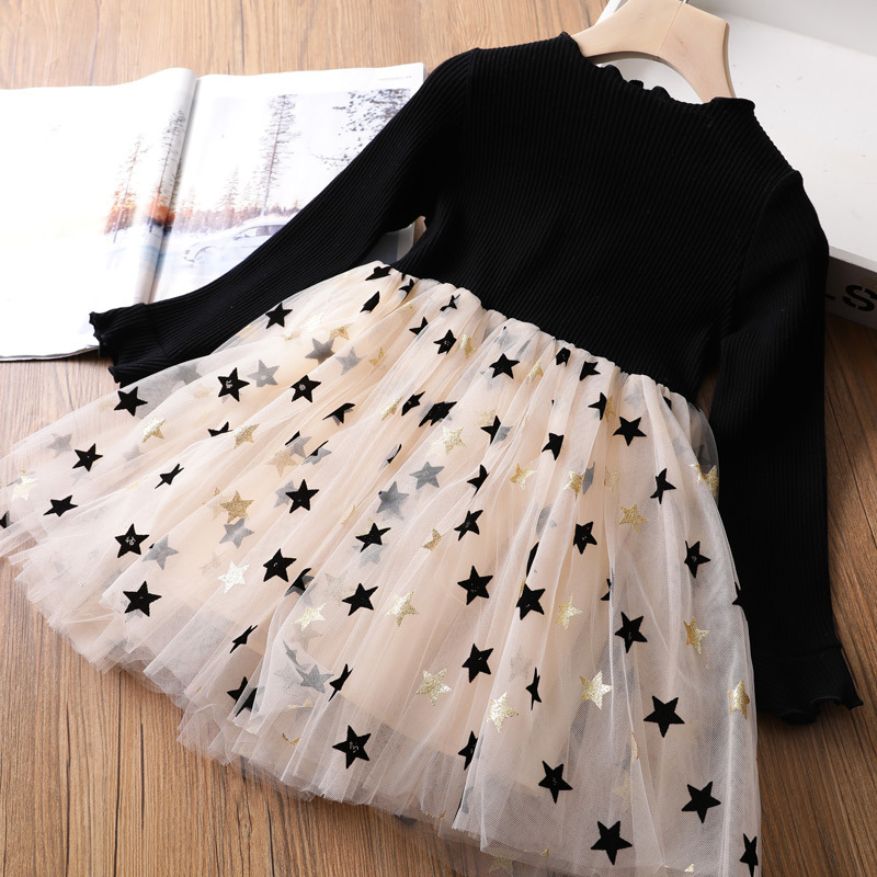 Black Long Sleeve Sweater Tulle Dresses Child Girl 3 4 6 8 10 Year Kids Winter Clothes Yellow Tutu Gown Fashion Ins Starry Dress alx