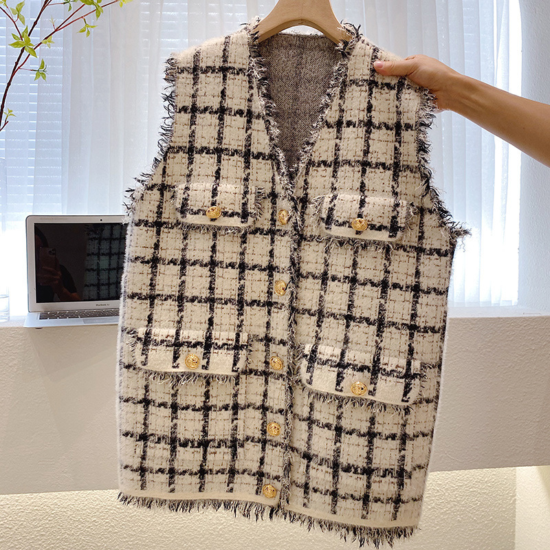 Woherb Women Knitted Vest Sleeveless Korean Autumn Winter Tanks Camis Loose Plaid Tassel Coat Vests Vintage Streetwear Waistcoat alx