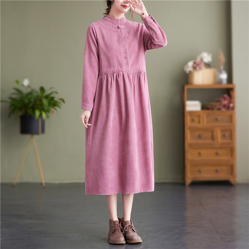 2022 New Arrival Buckle Corduroy Vintage Autumn Winter Dress Draw String Slim Office Lady Work Dress Women Casual Spring Dress alx