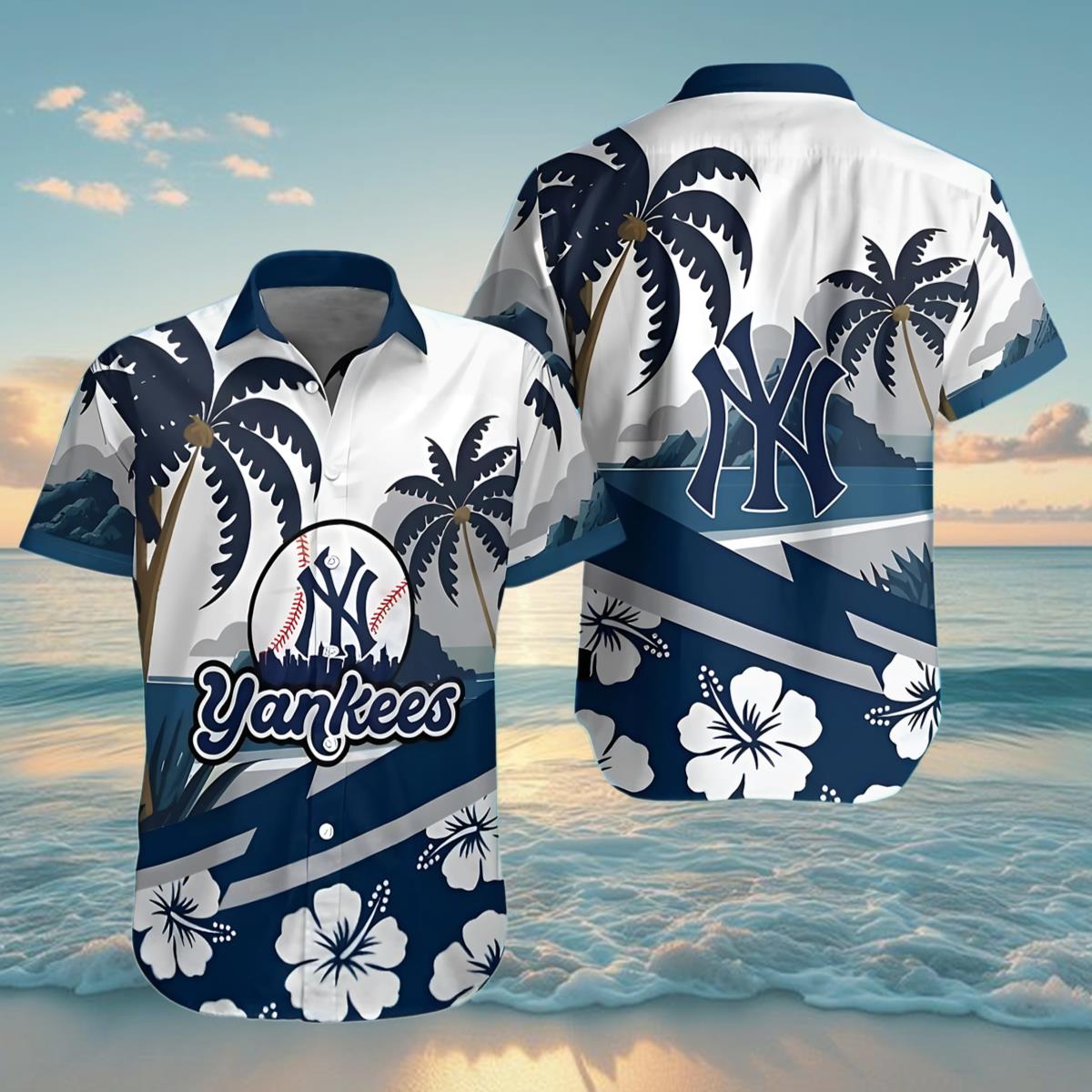 Mens New York Yankees Hawaiian Shirt Tropical Palm And Hibiscus Flower