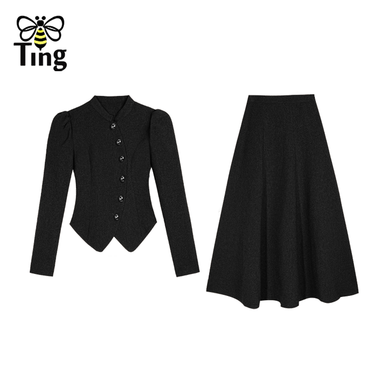 Tingfly Vintage Elegant Single Breasted Jacket Coat + A Line Midi Skirt Fashion 2 Pcs Sets High Quality Winter Dress Sets Robes alx