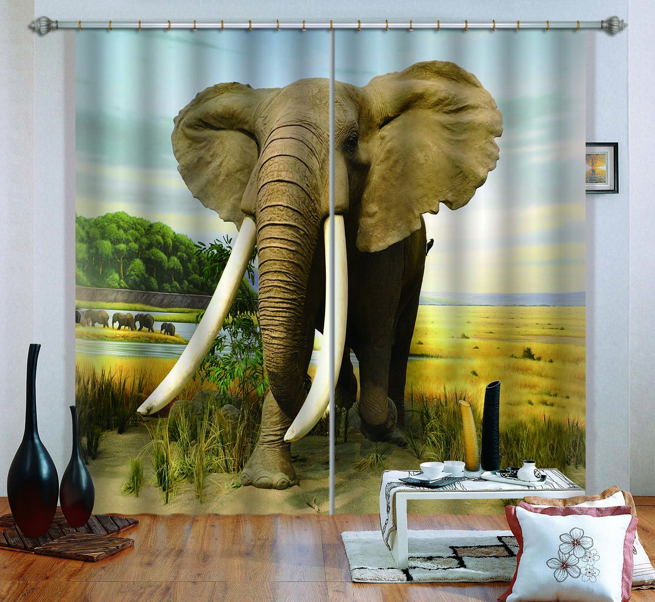 3D Giant Elephant C251 Blockout Photo Curtain Print Curtains Drapes Fabric Window | 3D Large Photo Curtain, Jess Art Decoration Wallpaper