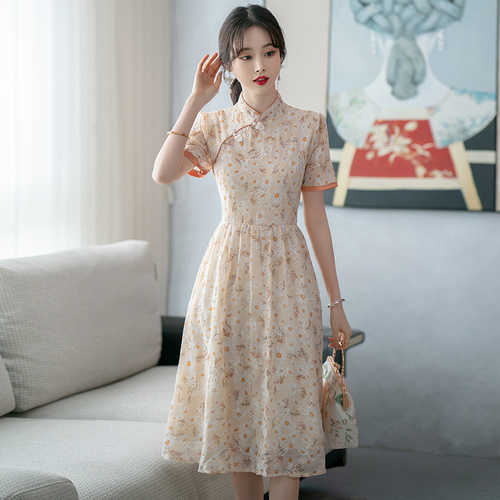 2022 New Waist Embroidery Retro Improved Cheongsam Dress Middle-aged Elegant Short-sleeved Floral A Line Dresses for Women alx