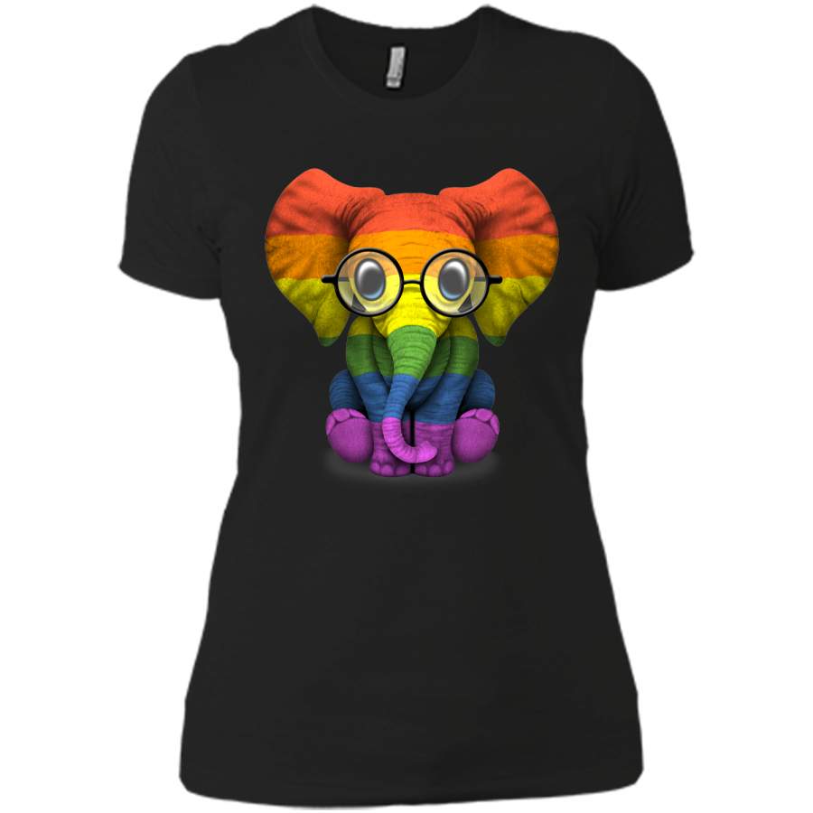 Baby Elephant with Glasses and Gay Pride Rainbow Flag T-Shirt