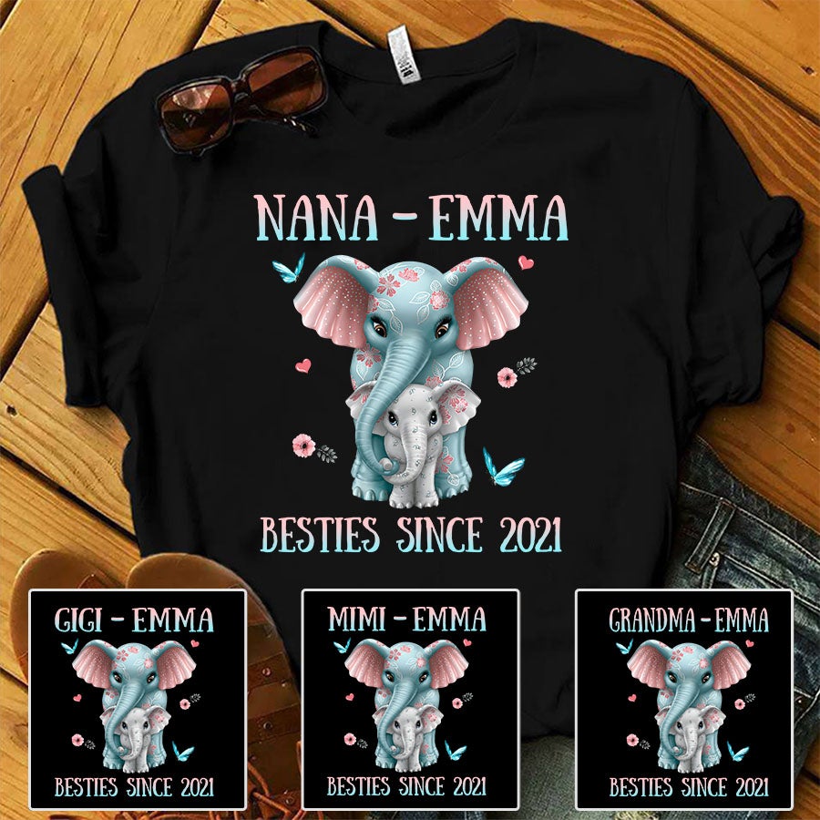 Nana Besties With Grandkids Name, Personalized Mimi, Nana, Gigi, Grandma T-Shirt, Elephant Love