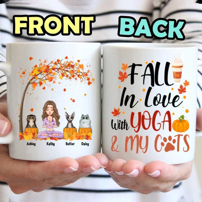 Personalized Fall In Love With Yoga And My Cats Mug, Custom Gift For Yoga Lovers