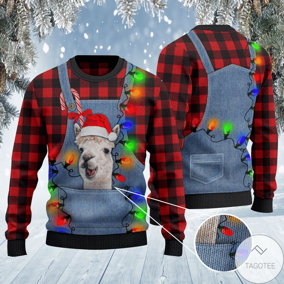 Alpaca Lovers Red Plaid Shirt And Denim Bib Overalls Ugly Christmas Sweater, All Over Print Sweatshirt