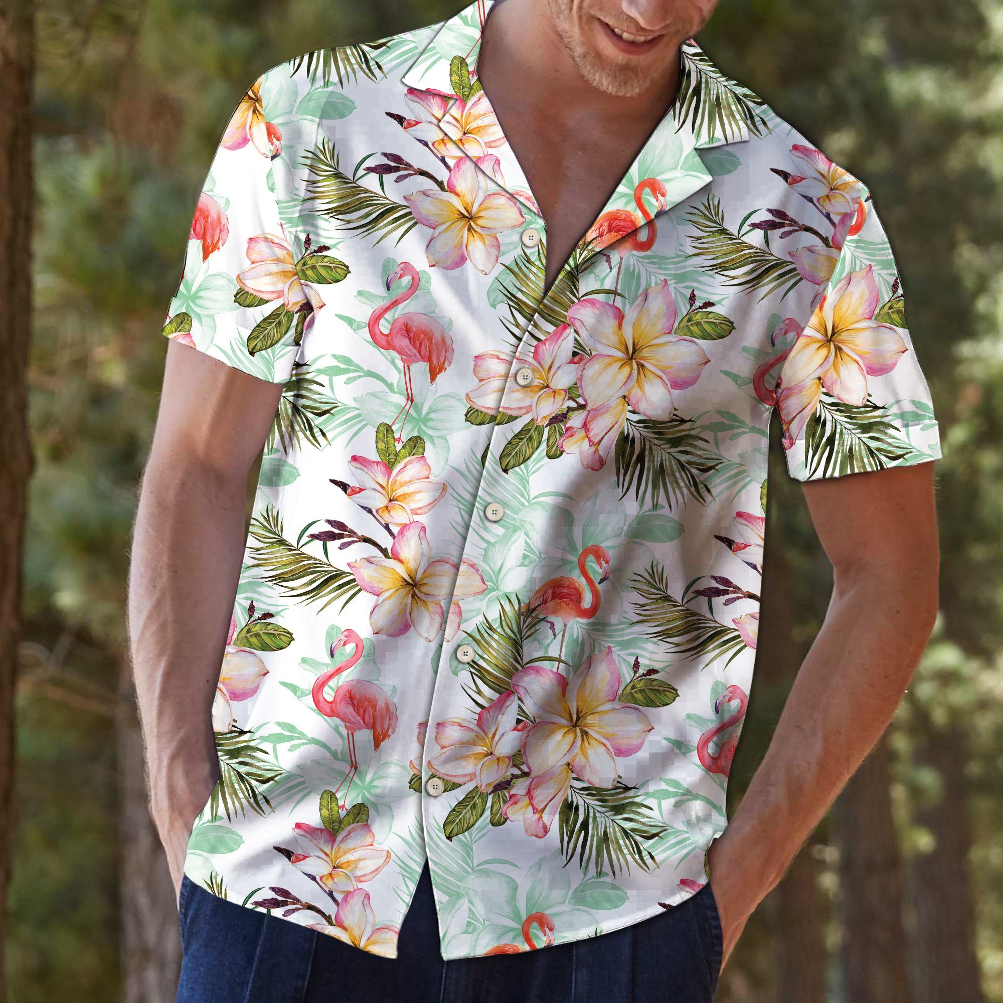 Flamingo Frangipani Flower Hawaiian Shirt For Men, Hawaiian Shirt For Women, Aloha Shirt, Hawaii Shirt