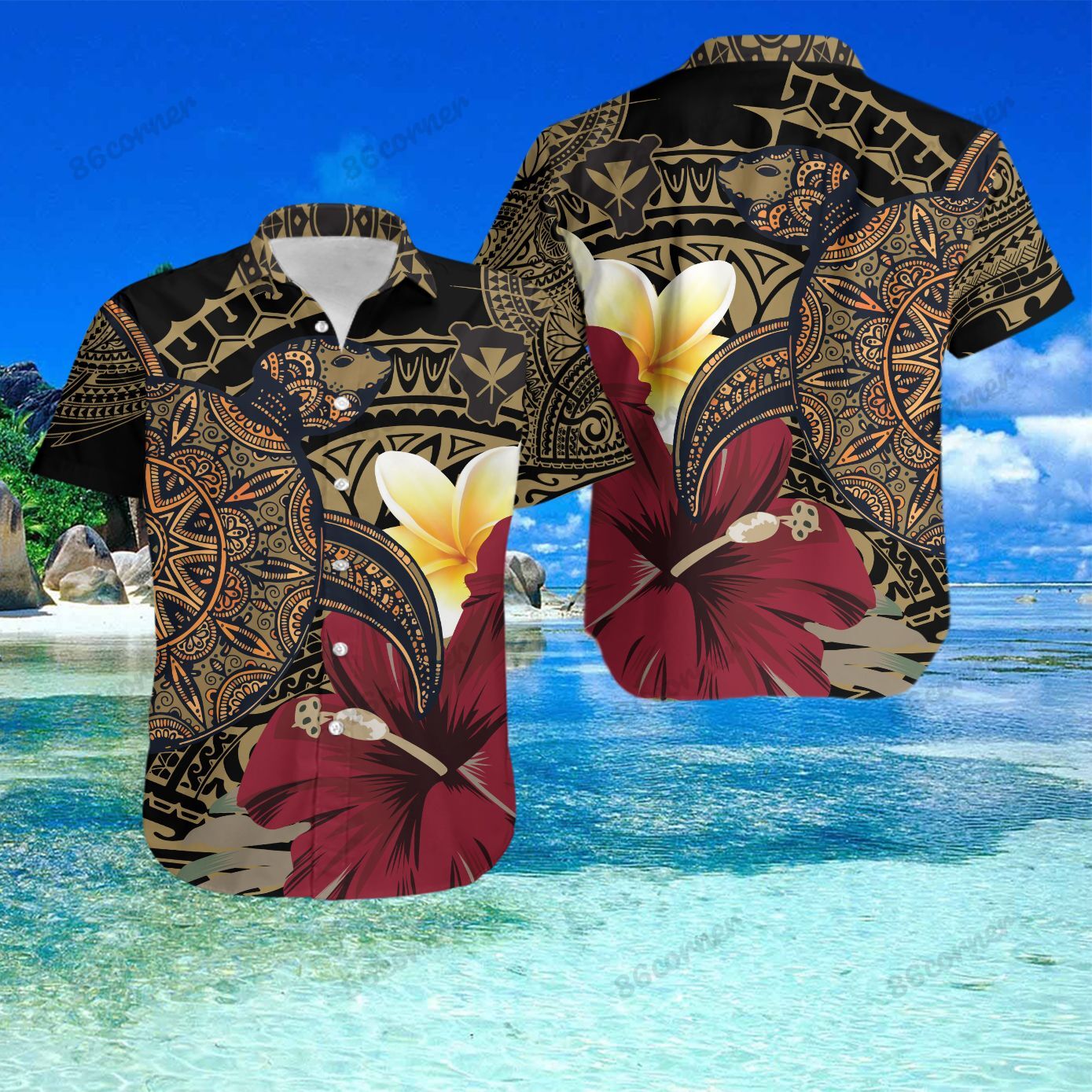 Turtle Gold Hibiscus Hawaiian Shirt And Short Set Ha109875