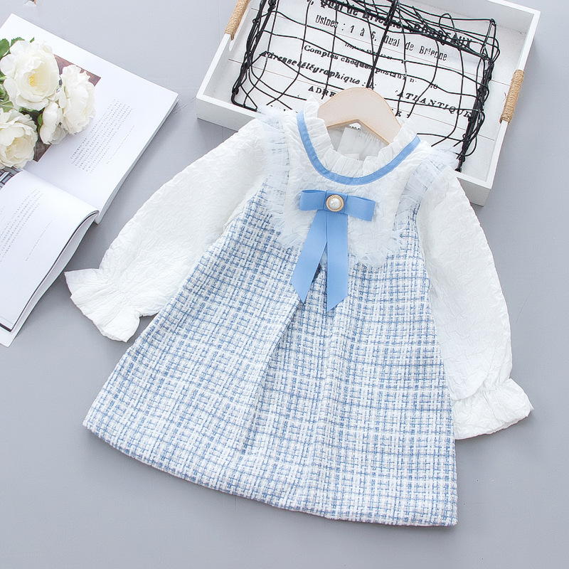 Sweet Girls Pink Blue Princess Dresses Children Fall Clothes 2-6 Years Kids Cute Bow Plaid vestidos Girls Birthday Dress alx