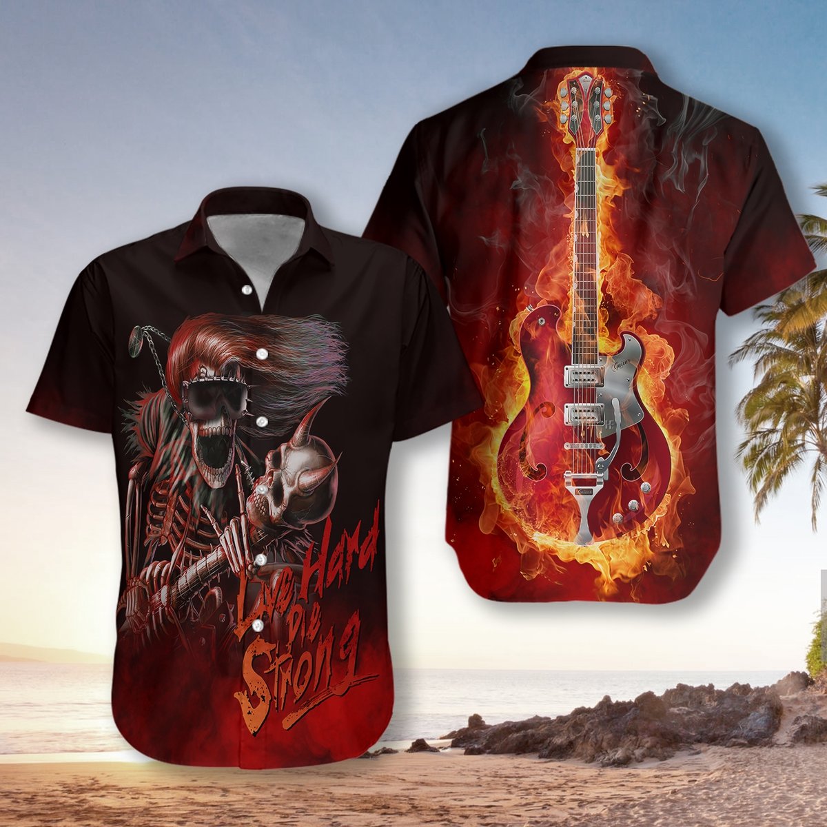 Live Hard Die Strong Burning Guitar Hawaii Shirt For Men Women Adult Ha20619