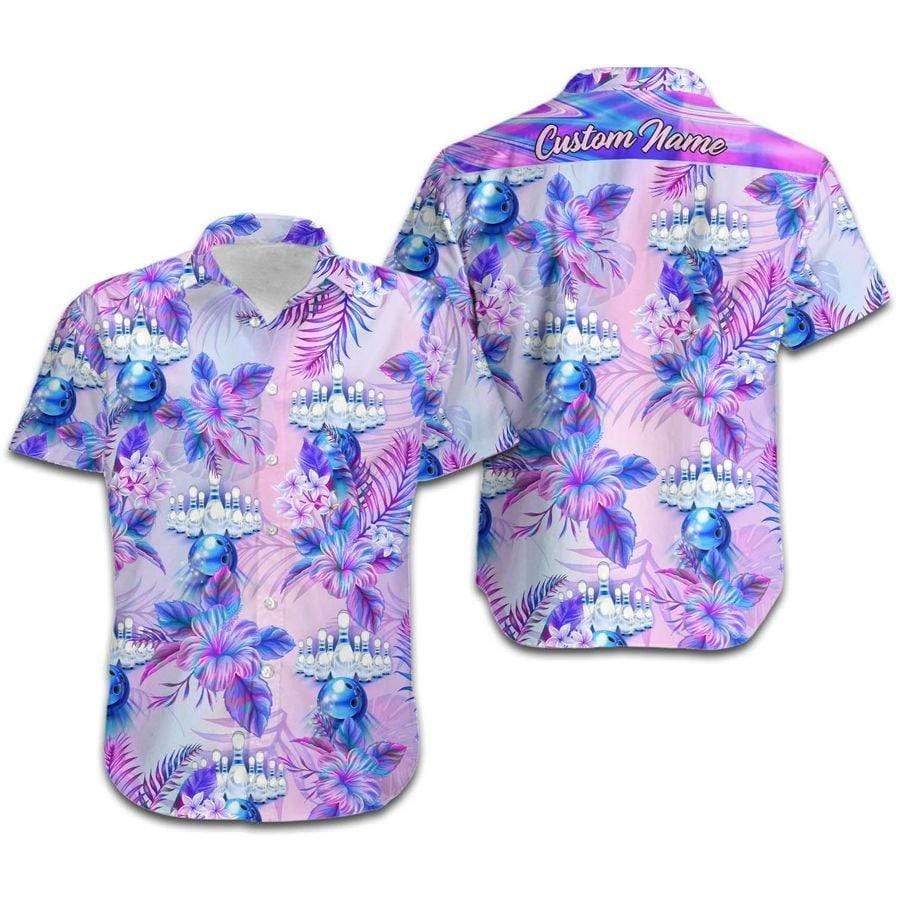 Custom Name Hawaiian Aloha Shirts Bowling Holographic Tropical Flowers