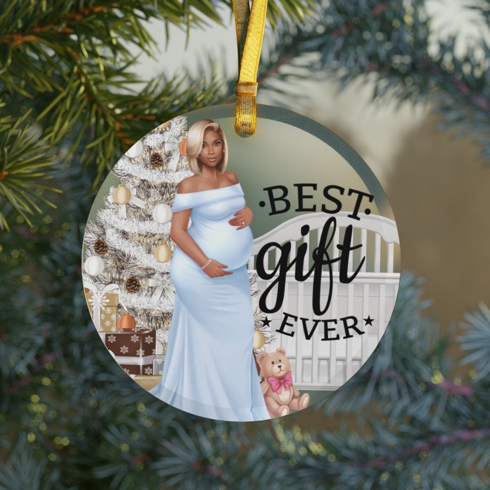 Pregnancy Black Girl Christmasblack Mompregnant Pregnancy Announcementblack Baby Shower Boy Blue Melanin Christmas Ornament