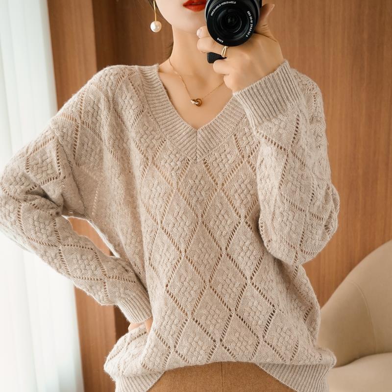 2022 Women V-neck Hollow Out Crop Tops Solid Elegant Fashion Loose Korean Style Casual Knitted Sweater Soft Female Tops N09 alx