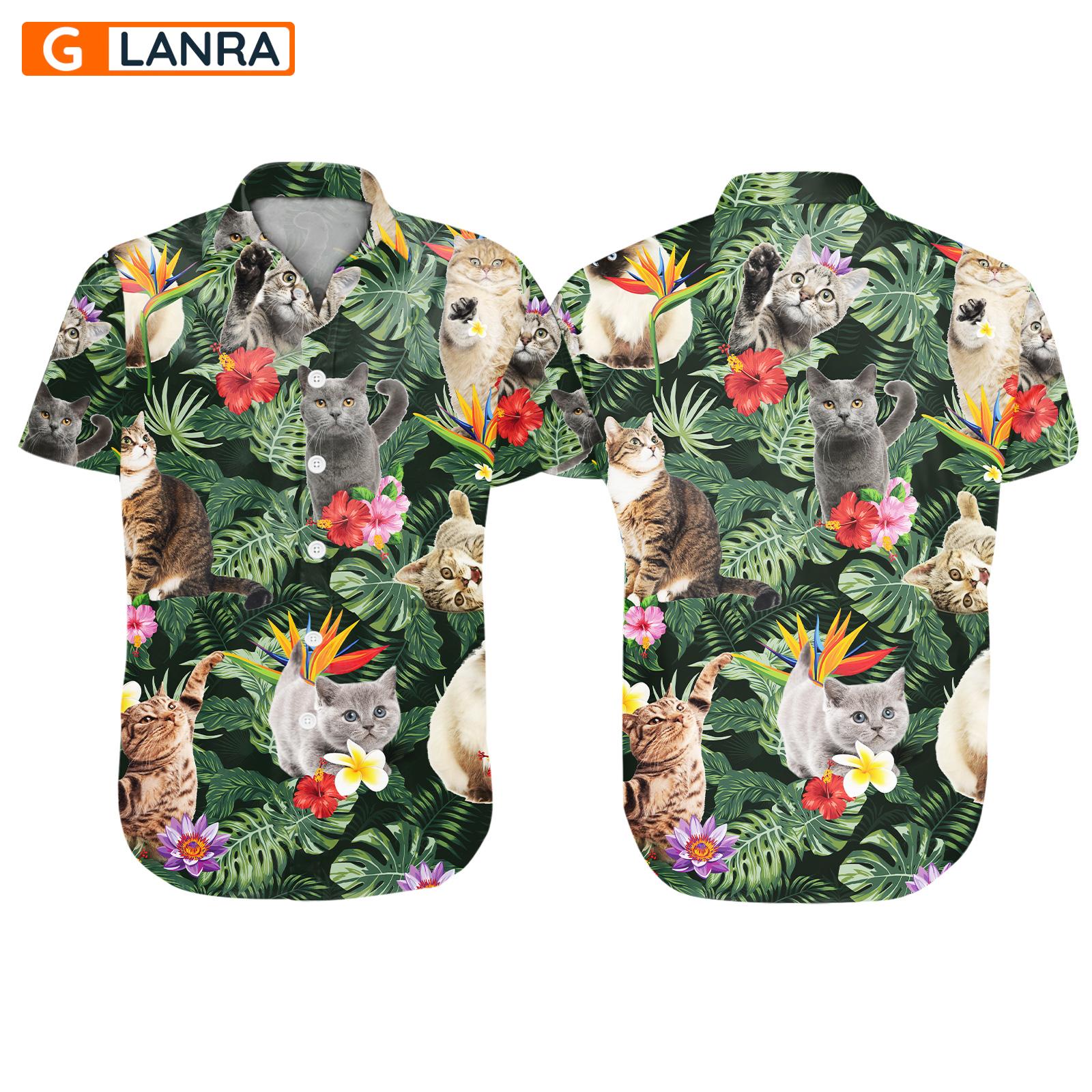 Cat Tropical Leaves Flower Button Shirt, Cute Cat Button Shirt, Summer Cat Hawaiian Shirt, Cat Leaf Hawaiian Shirt, Summer Tropical Shirt