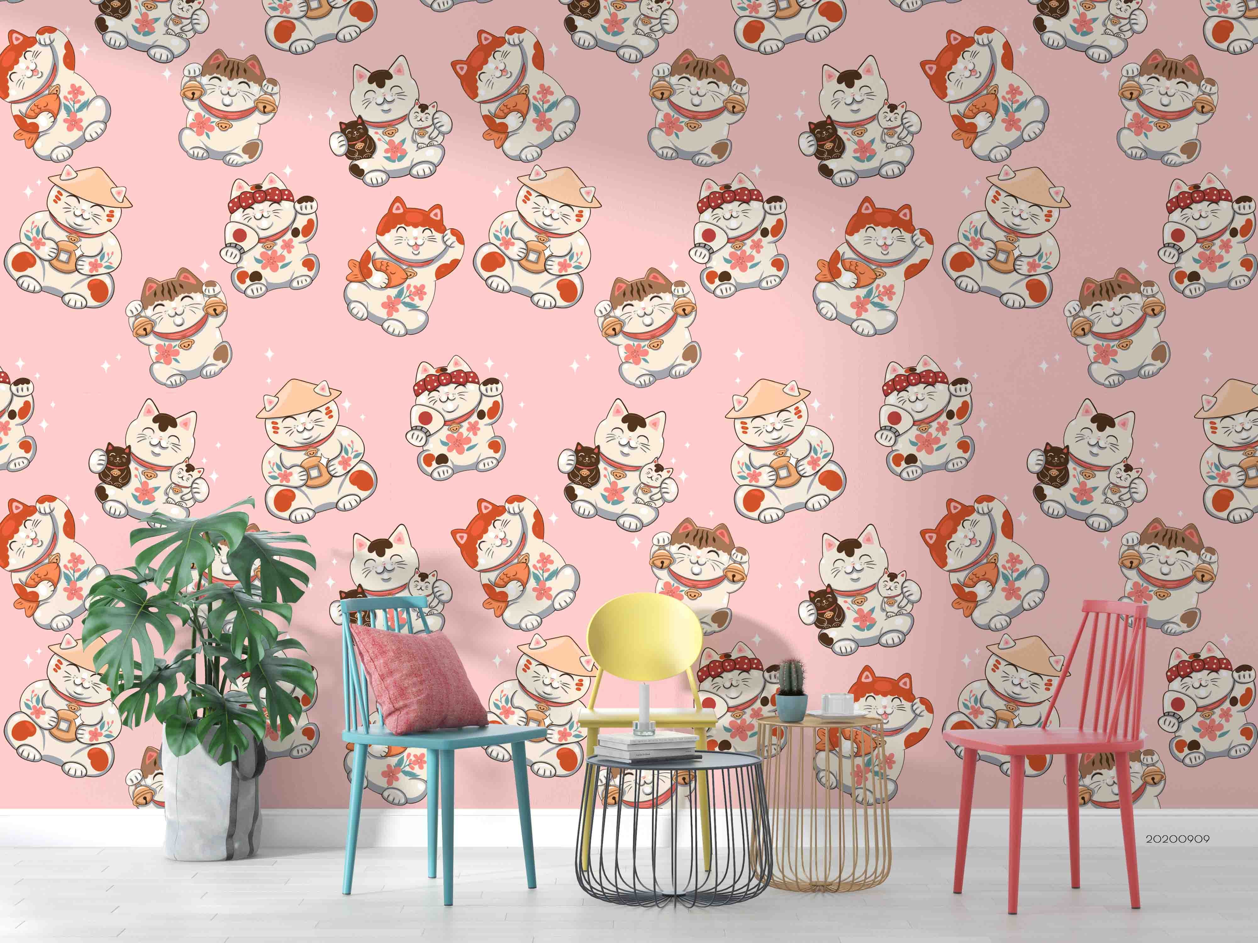 3D Cartoon Lucky Cat Pattern Animal Pink Wall Mural Wallpaper Lxl