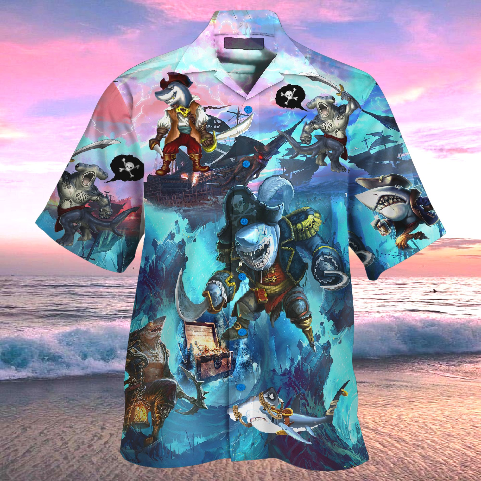 Pirate Shark Hunting Treasure Hawaiian Shirt For Man Ha109746