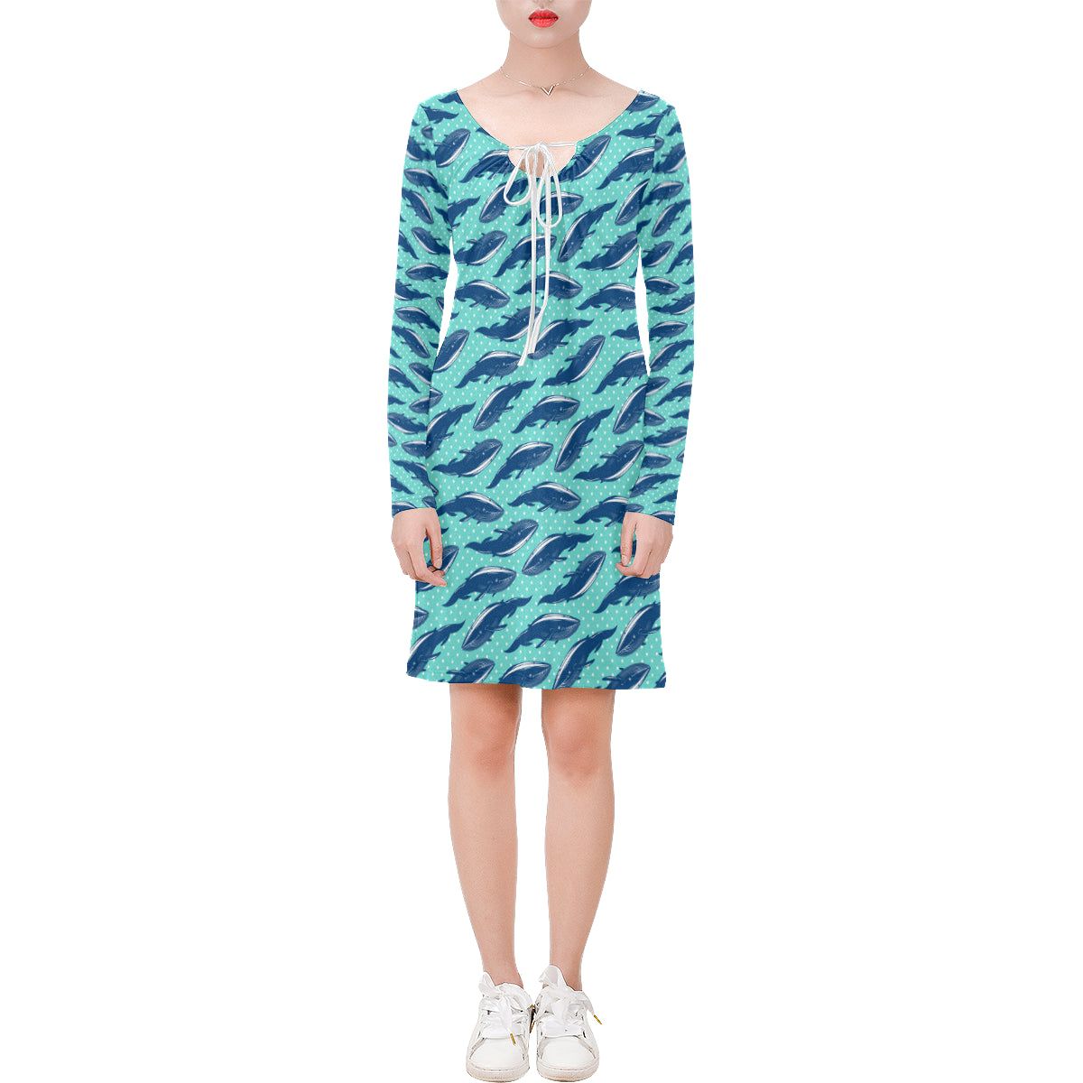 Whale Polka Dot Design Themed Print Long Sleeves Dress