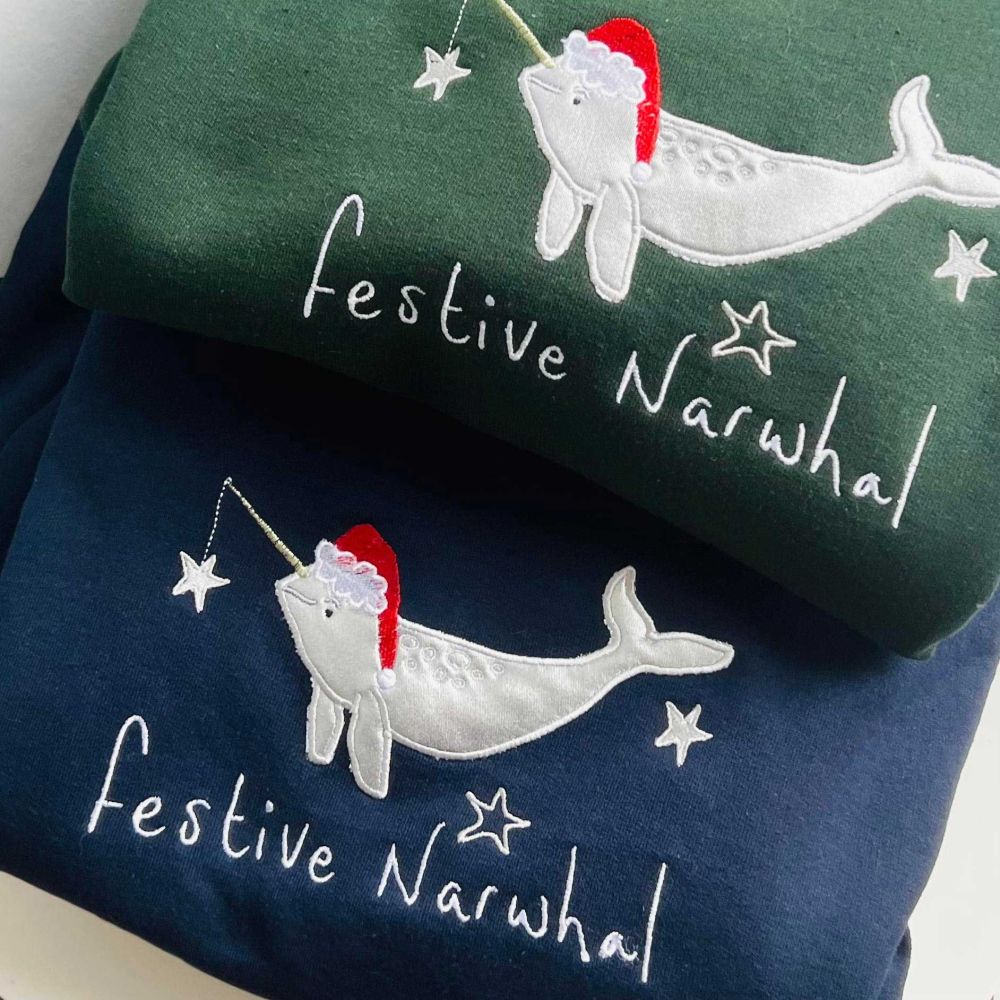 Festive Narwhal Christmas Embroidered Sweatshirt 2D Crewneck Sweatshirt All Over Print Sweatshirt For Women Sweatshirt For Men Sws5393