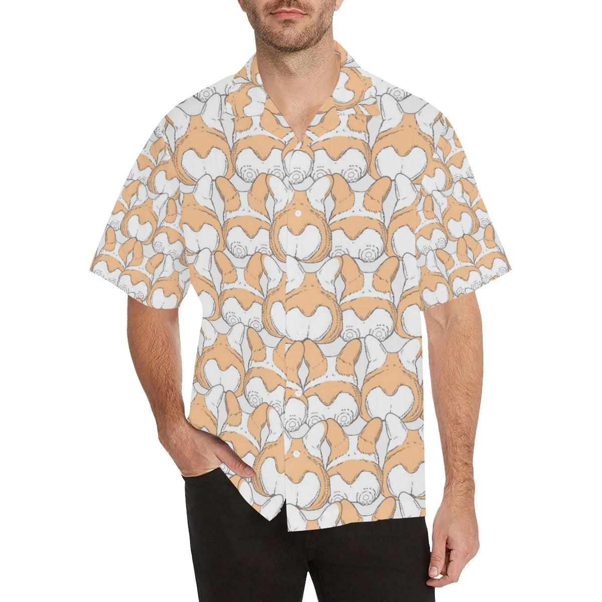 Corgi Bum Pattern Men’s All Over Print Hawaiian Shirt