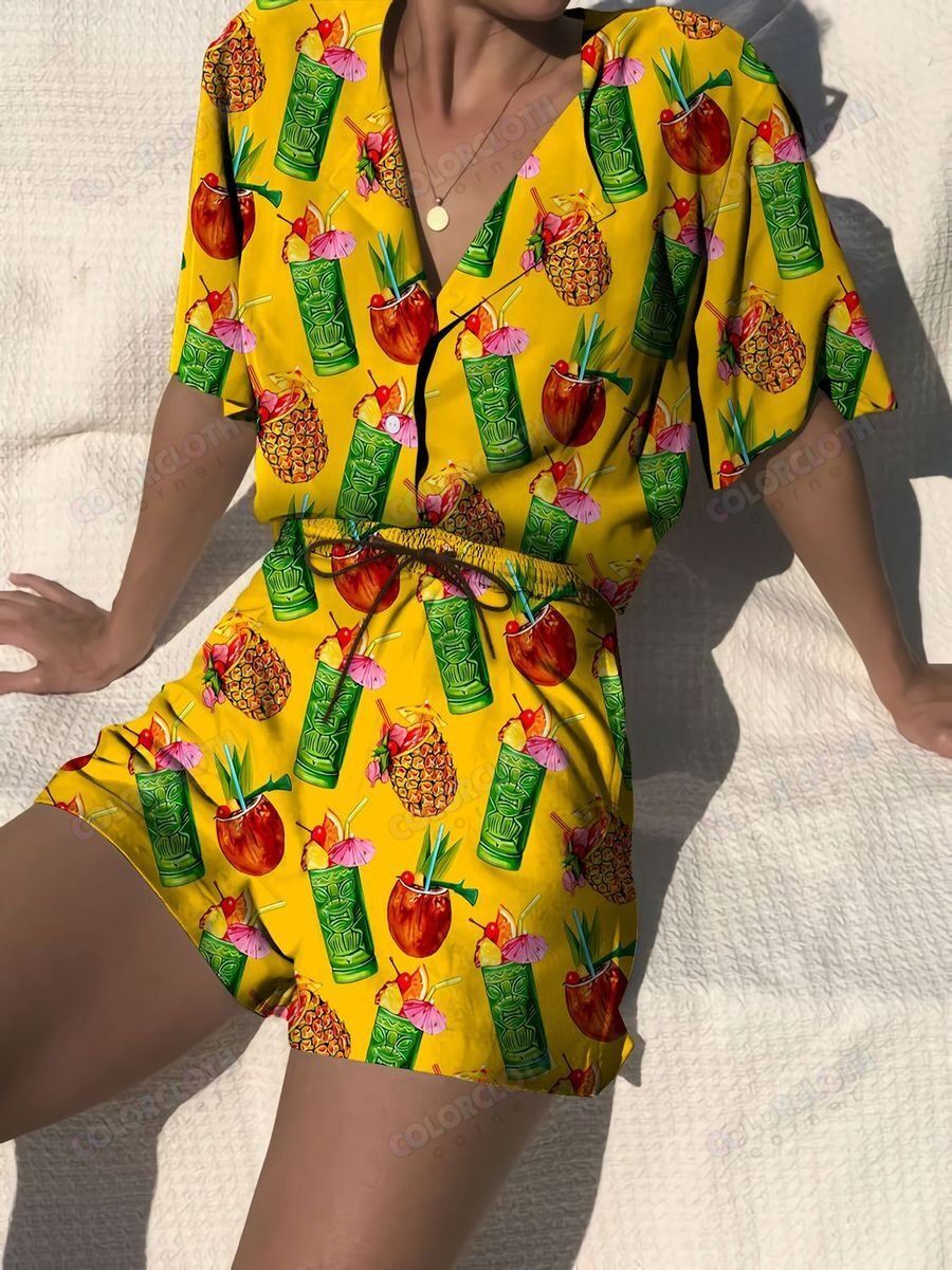 Cocktail Yellow Tropical Women Hawaii Shirt Short Ha50312