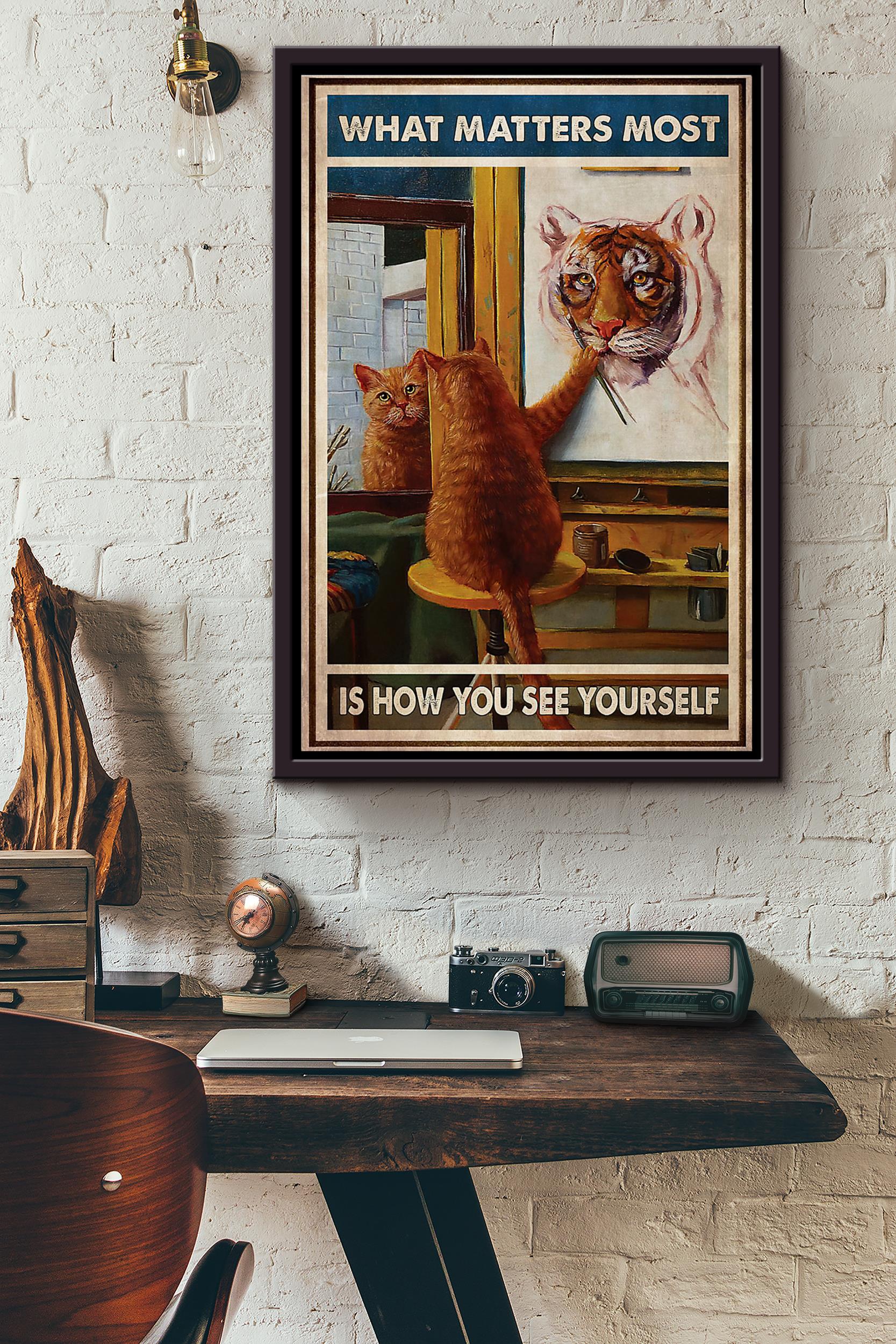 Cat Drawing Tiger What Matters Most Is How You See Yourself Poster Framed Matte Canvas