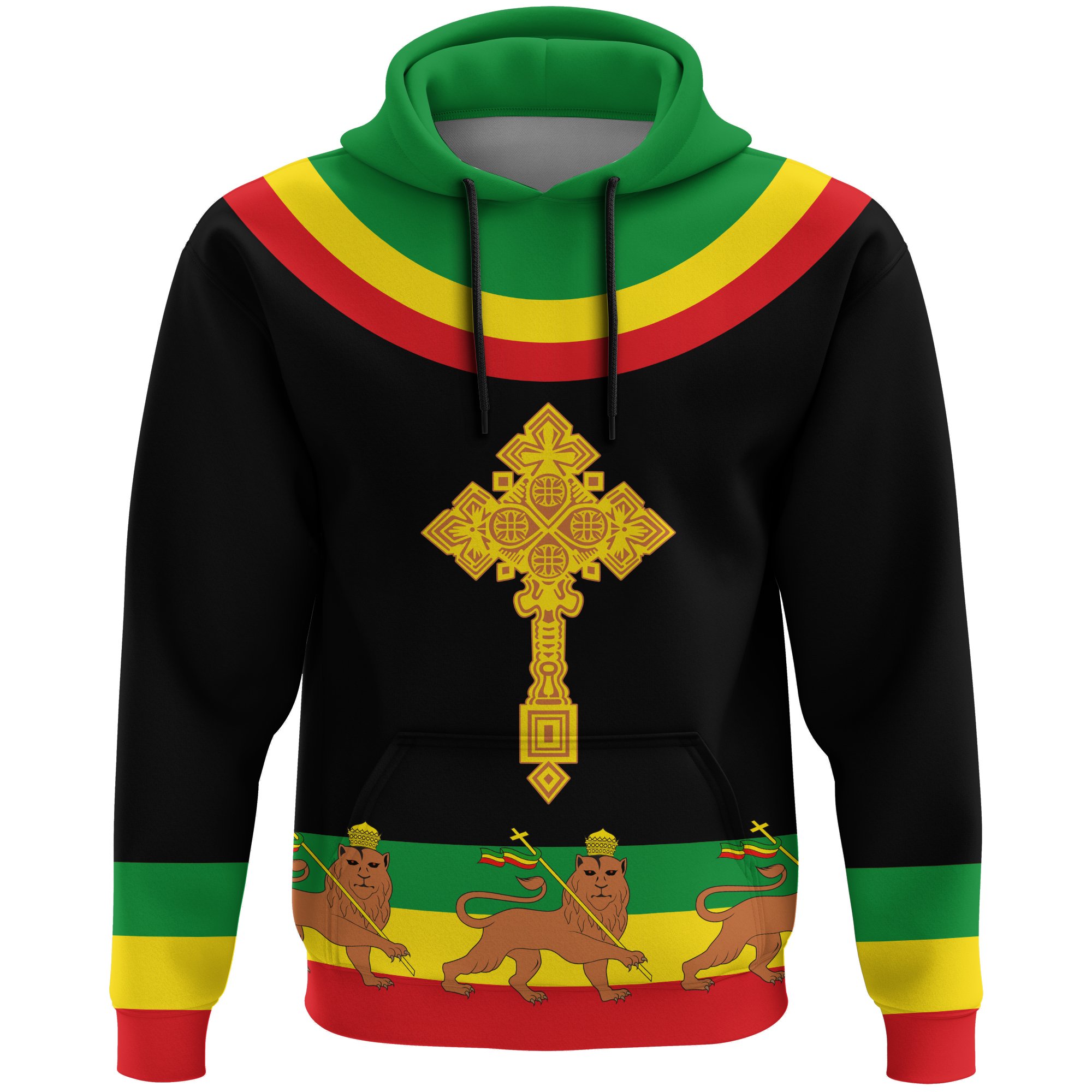 1stTheWorld Ethiopia Hoodie Cross Flag Lion Black A10