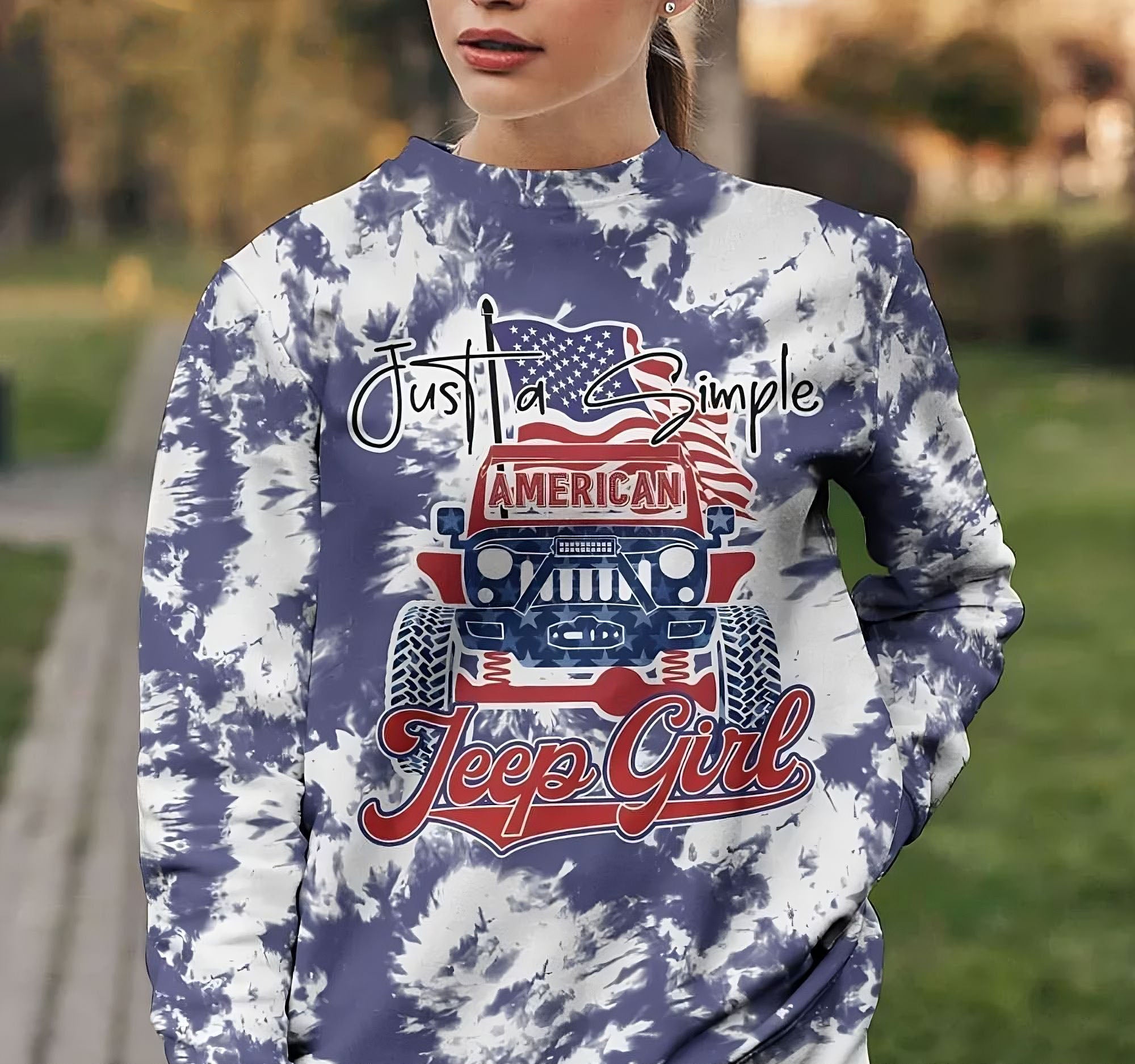 Simple American Jeep Girl Bleached All Over Print Sweatshirt