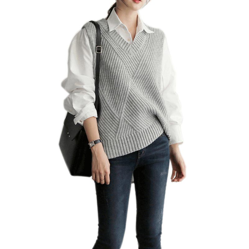 Vintage V Neck Spring Autumn Twist Striped Vest Women Sweater Solid Sleeveless Oversized Jumper Knitted Loose Ladies Pullover alx