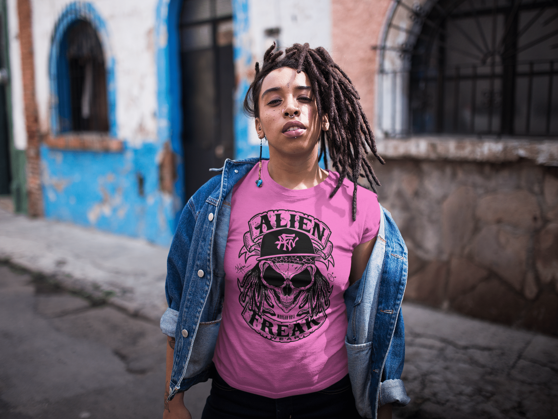 Alien Freak Wear Merch Skull Ladies Pink T-Shirt