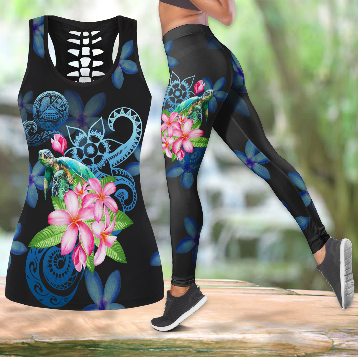 American Samoa Amazing Polynesian Turtle With Plumeria Flowers Tank-Top And Legging 3d All Over Print