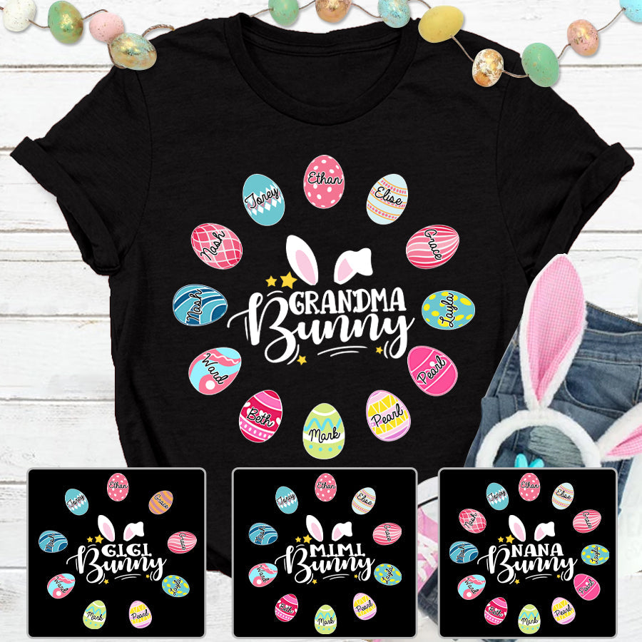 Personalized T-Shirt For Grandma Bunny Colorful Easter Eggs Printed Custom Grandkids Name Happy Easter Day Shirt