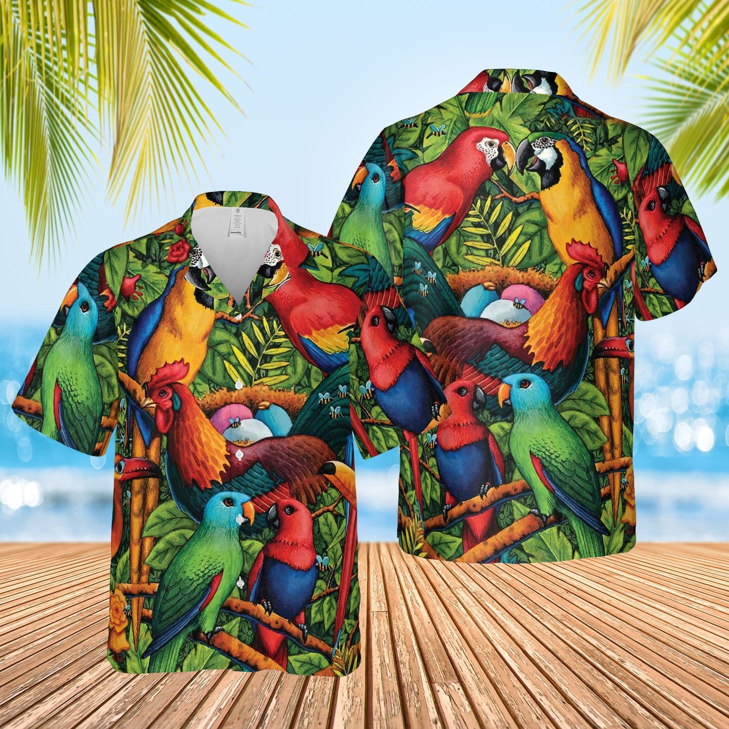 Tropical Parrot With Rooster Unisex Hawaii Aloha Shirts Ha98968