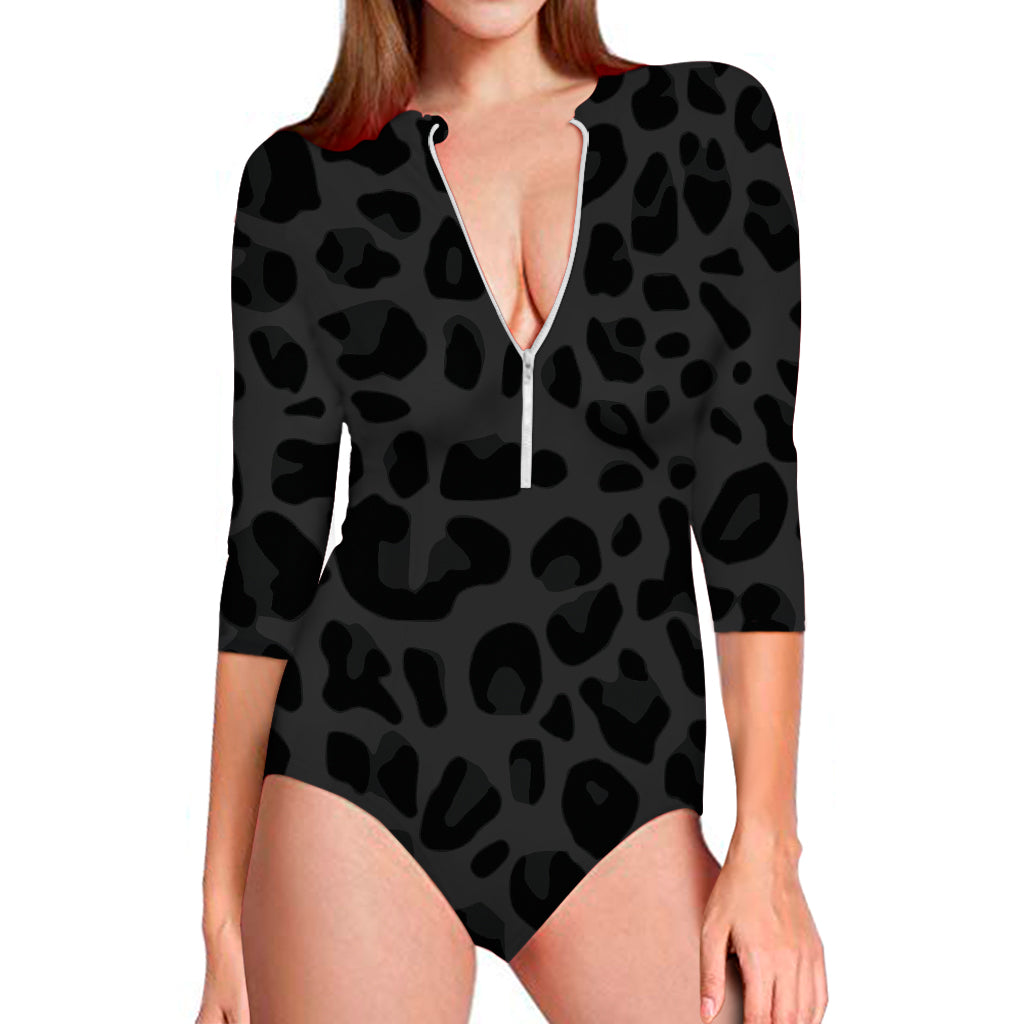 Black Leopard Print Long Sleeve One Piece Swimsuit