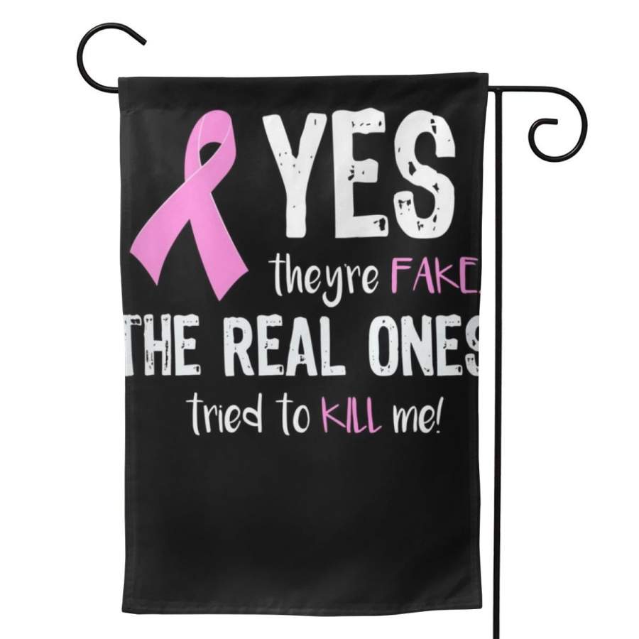 2 Pcs Garden Flag Yes They’re Fake Funny Breast Cancer Horizontal Poster 12.5″x18″ -Mothers Day, Birthday Gifts for Mom, Dad, Wife, Husband, Daughters, Grandma, Friends