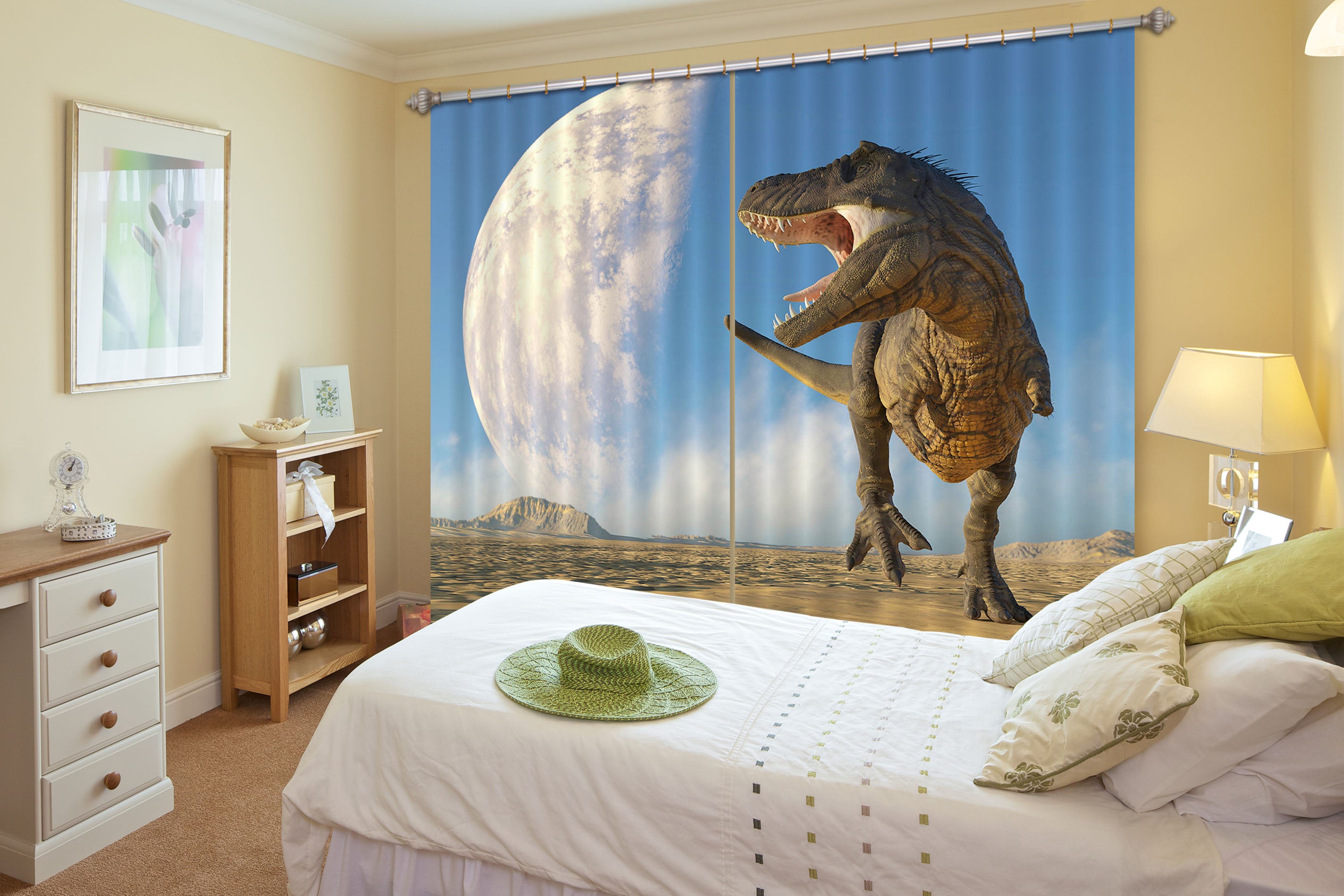 3D Dinosaur With Moon C039 Blockout Photo Curtain Print Curtains Drapes Fabric Window | 3D Large Photo Curtain, Jess Art Decoration Wallpaper