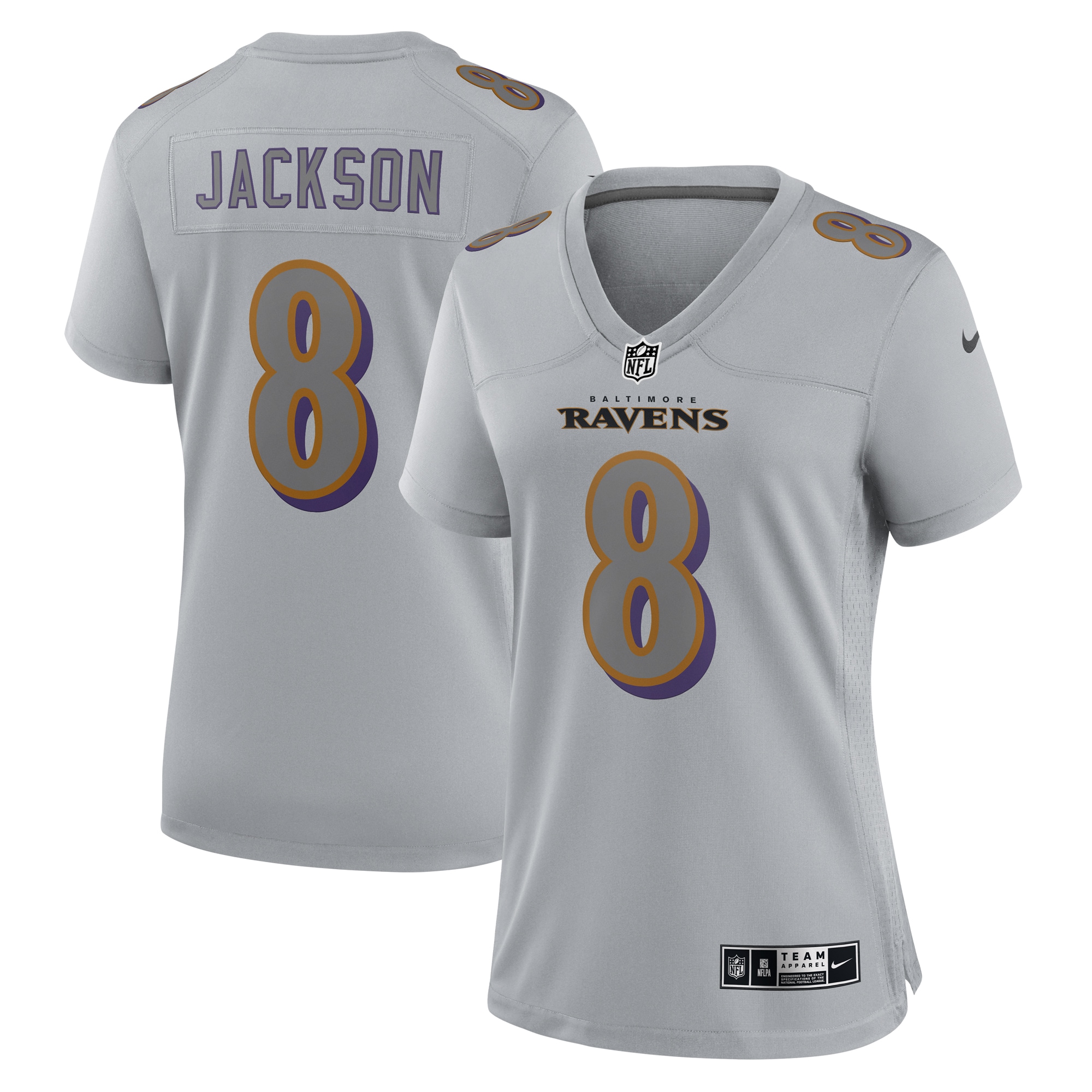 Women’s Baltimore Ravens Lamar Jackson Gray Atmosphere Fashion Game Jersey