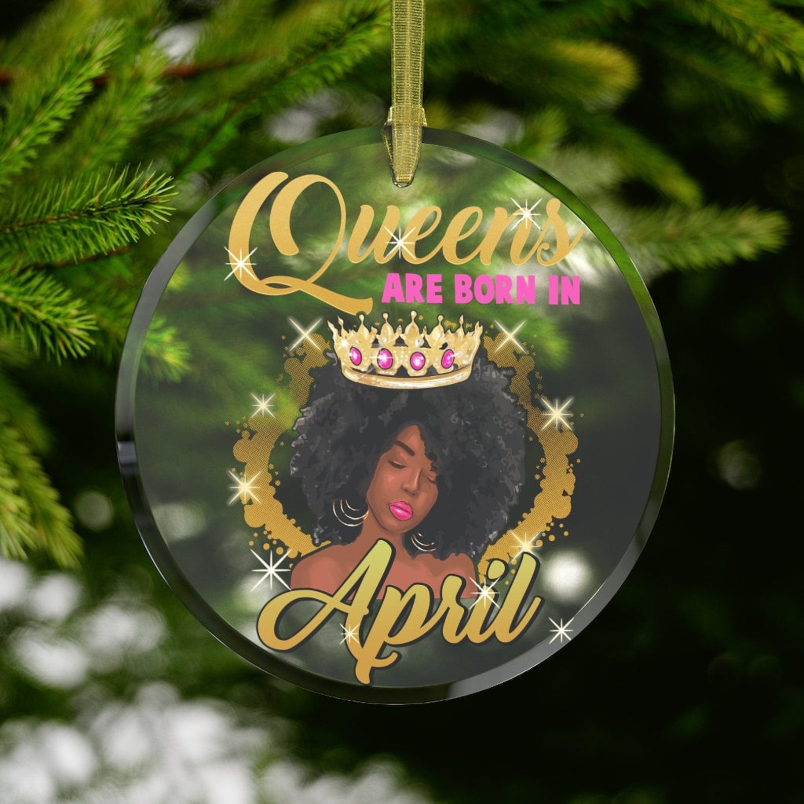 April Black Queen Birthday Black Girl Black Woman Gifts Black Women Afro Crown Christmas Ornament