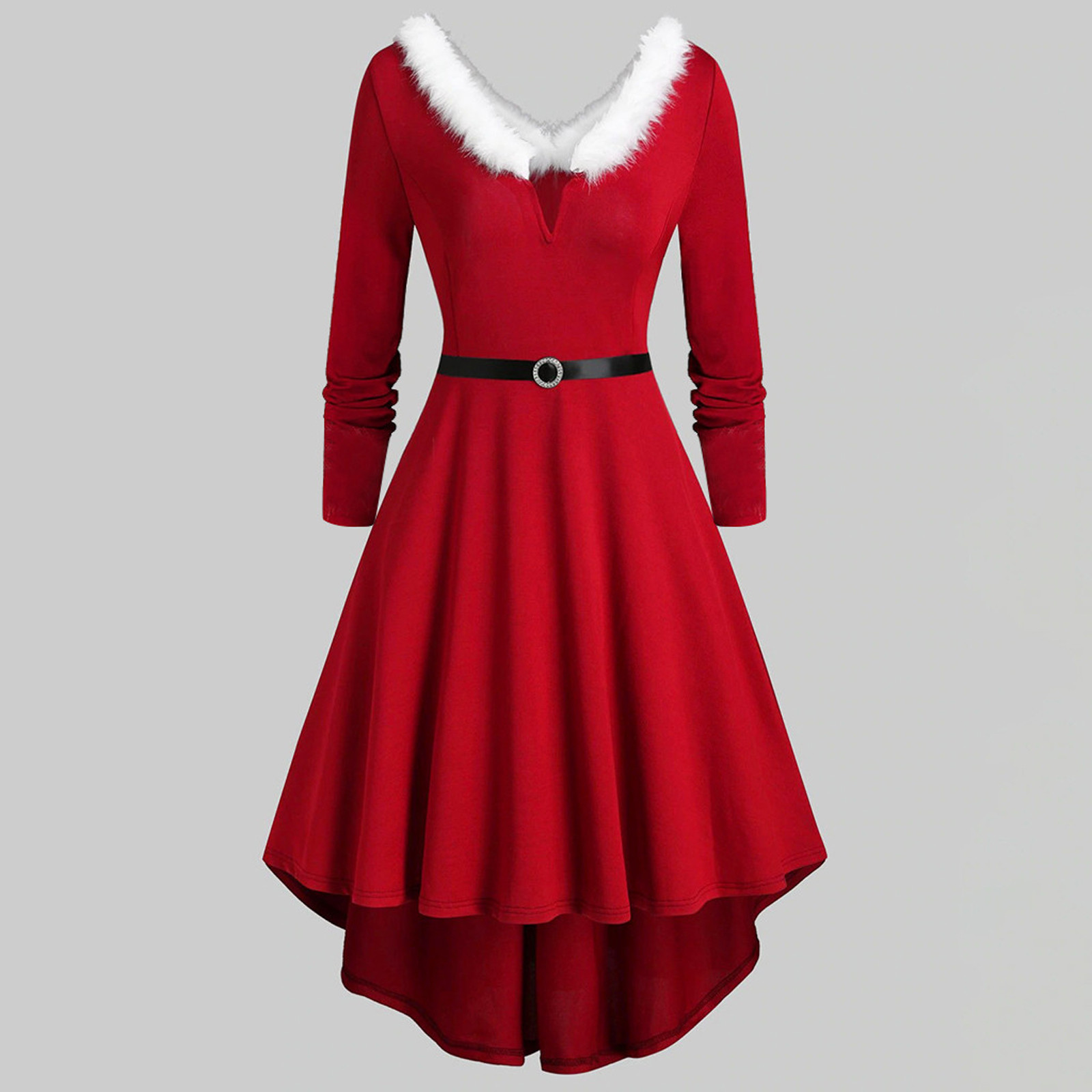 Women Party Long Dresses Christmas Faux-plush 1950s Vintage Dress Long Sleeve V Collar Asymmetrical Party A-line Dress Vestidos alx