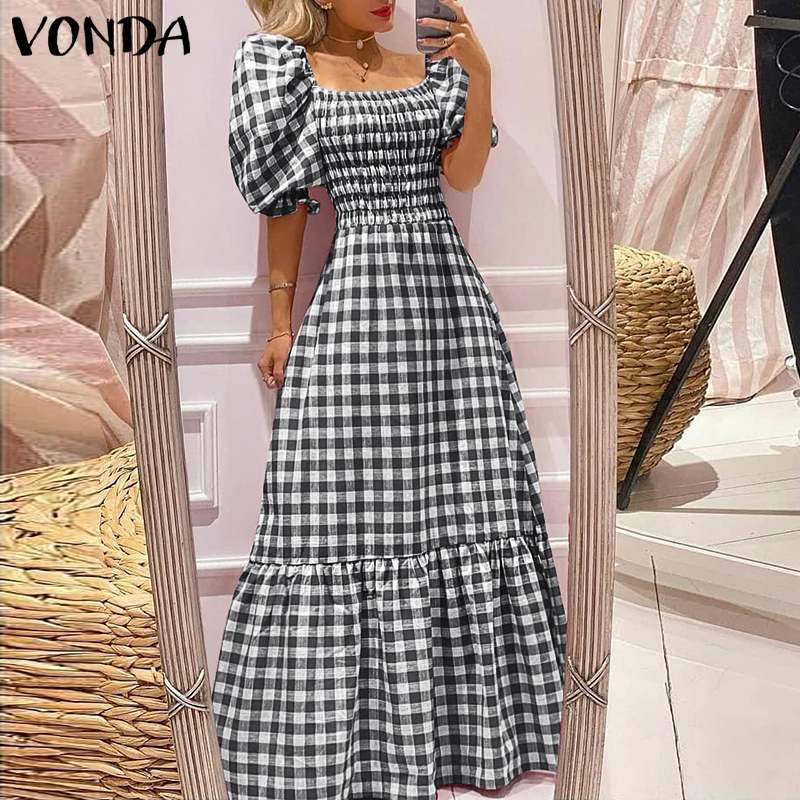 VONDA Summer Maxi Dress Casual Short Sleeve Square Collar Vintage Plaid Dresses Bohemian Vestidos Women Pleated Robe alx